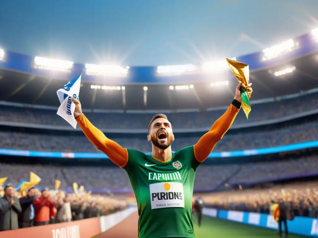 Atleta triunfante levantando barra de snacks sin gluten en estadio lleno de celebración