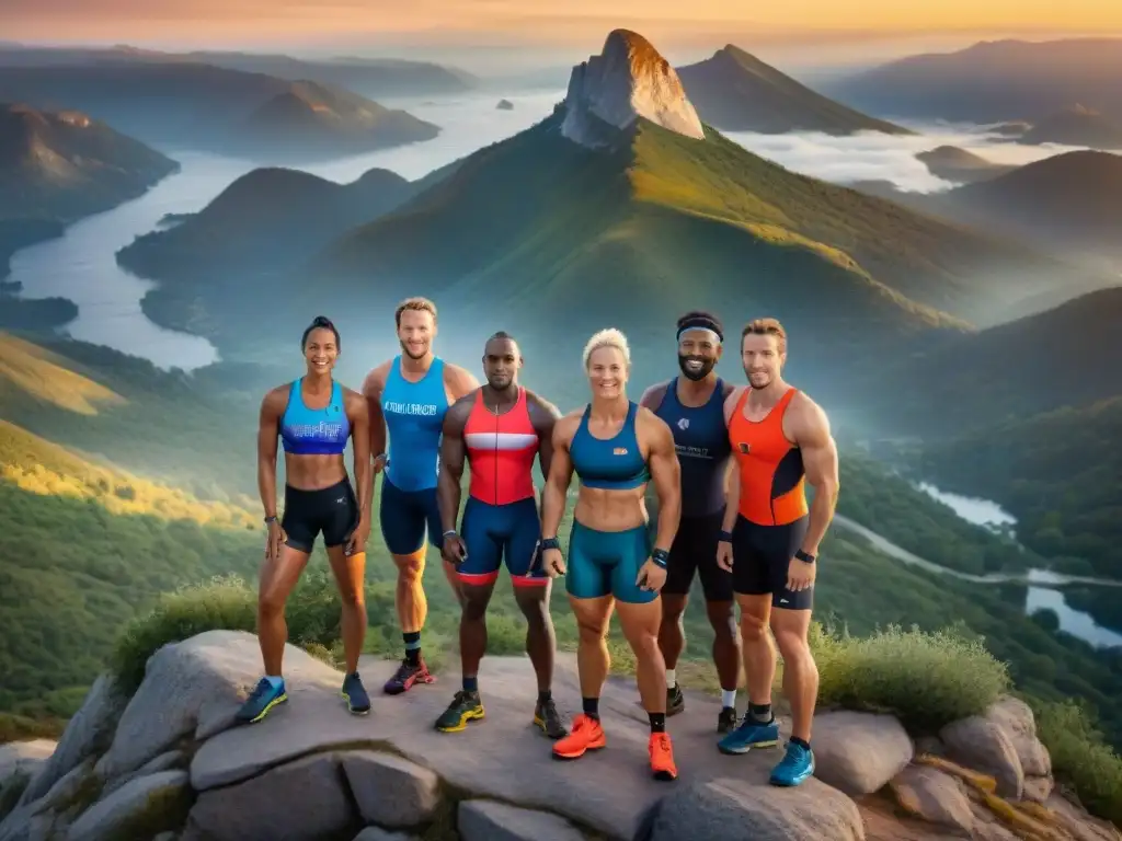 Atletas en cima de montaña al amanecer, con dieta sin gluten, reflejando fuerza y determinación