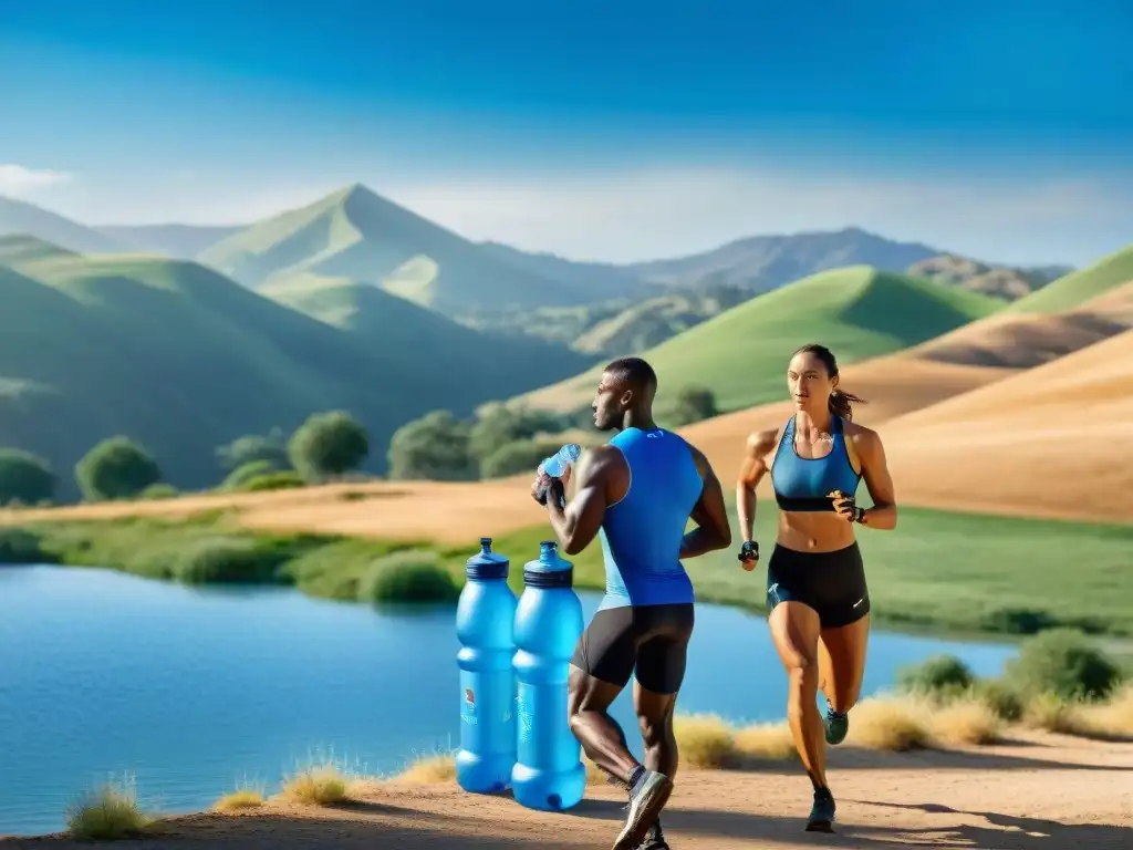 Atletas entrenando intensamente bajo el sol, priorizando hidratación en su dieta sin gluten