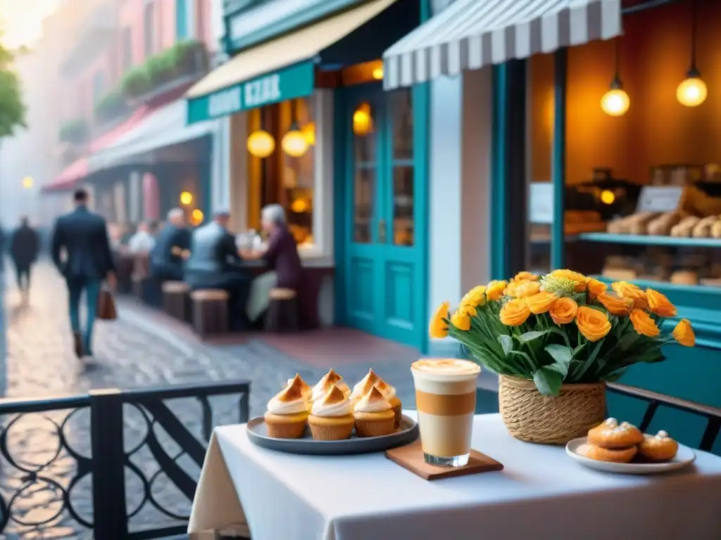 Atmósfera acogedora en una calle urbana con cafeterías y tiendas coloridas, gente disfrutando de pastelería sin gluten al aire libre al atardecer