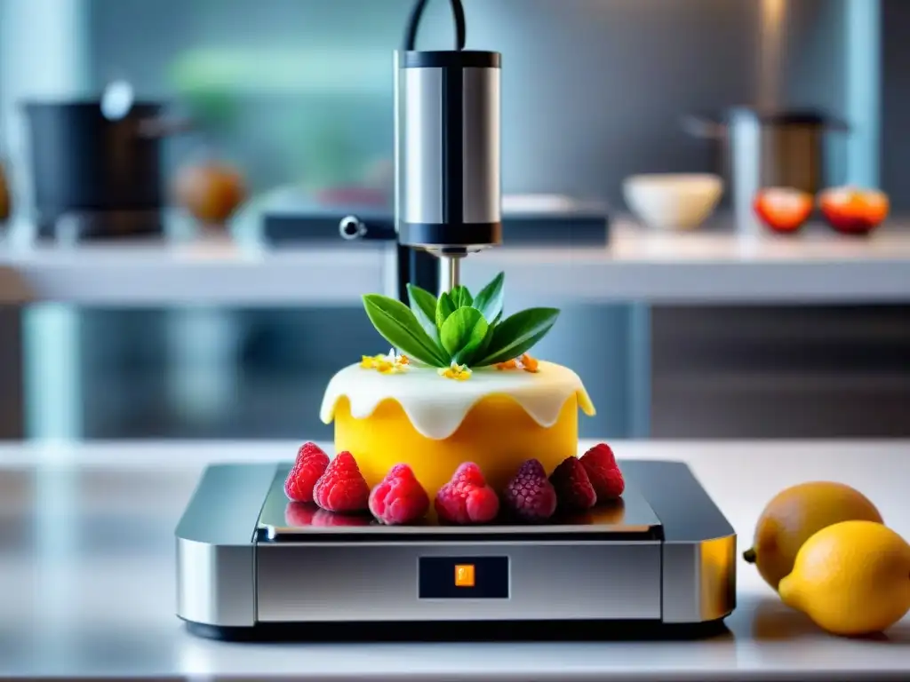 Avanzada impresión 3D de alimentos sin gluten crea postre delicado con frutas y flores comestibles en cocina moderna