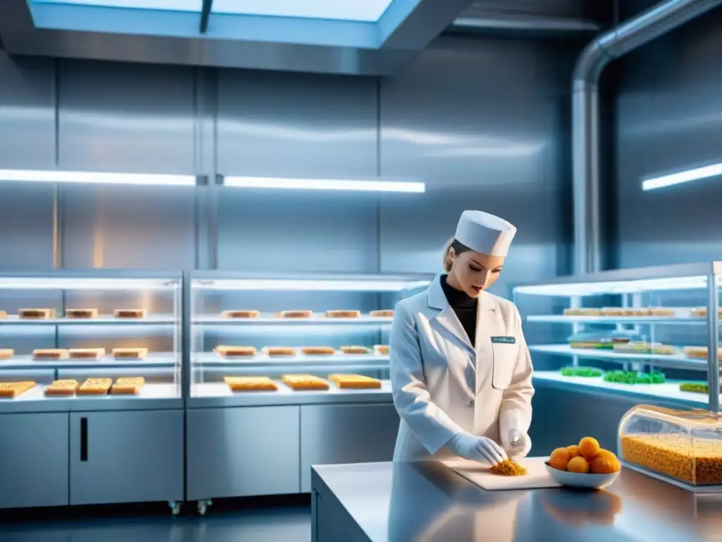 Planta de producción de alimentos sin gluten: tecnología y precisión Avanzada fábrica de alimentos sin gluten con tecnologías emergentes y ambiente luminoso y futurista