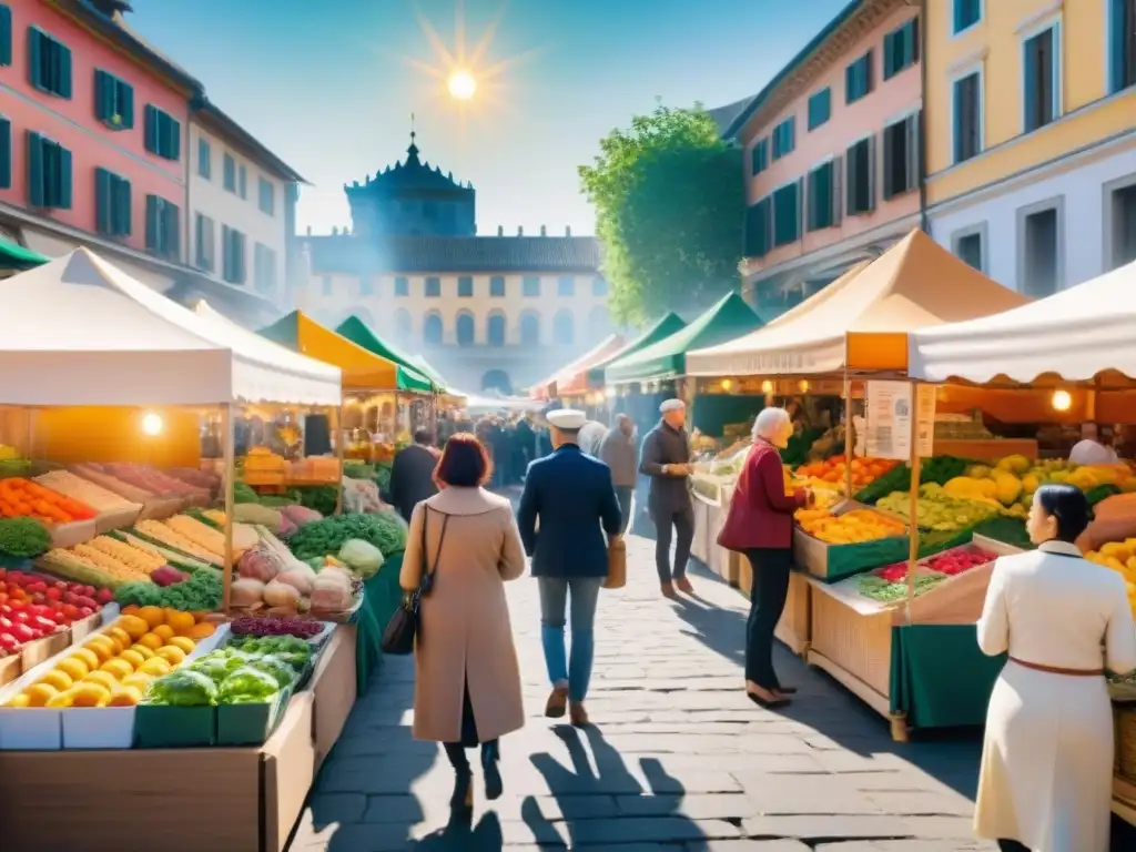 Empacando para aventura gastronómica sin gluten en mercado vibrante y colorido con productos frescos y variados