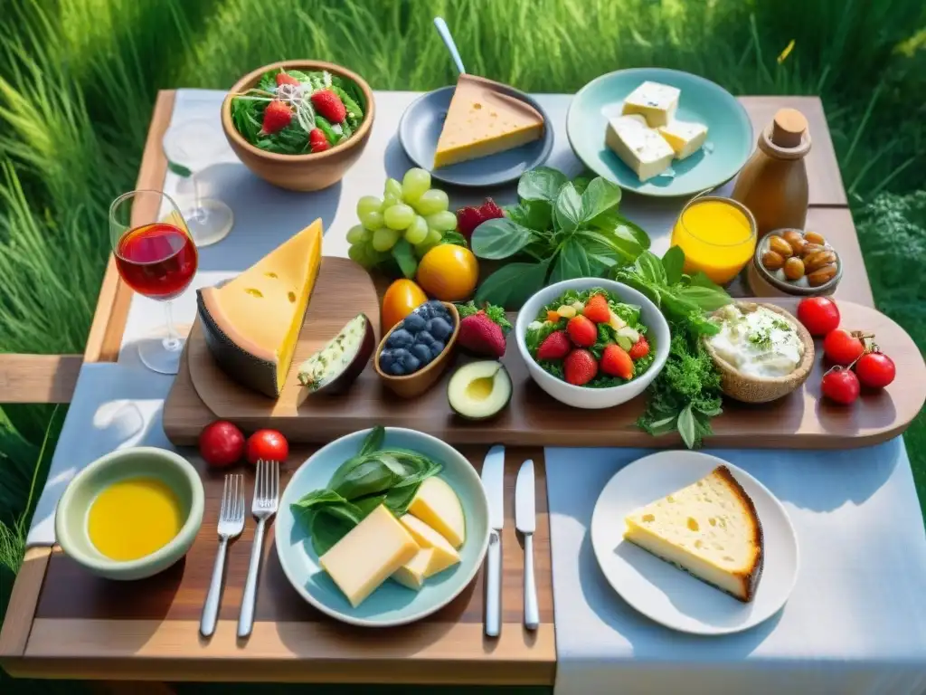 Empacando para aventura gastronómica sin gluten: mesa de picnic rústica en prado verde con coloridas delicias