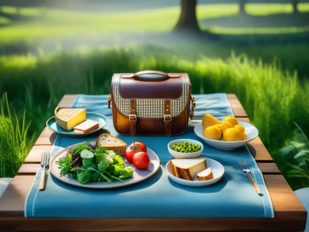 Empacando para aventura gastronómica sin gluten: mesa de picnic en campo verde con platos coloridos y luz del sol entre hojas