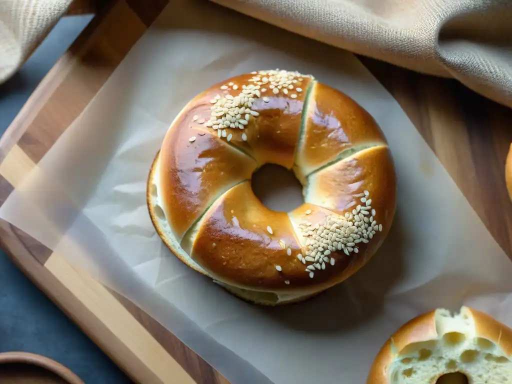 Un bagel sin gluten dorado con semillas de sésamo, esponjoso por dentro, en tabla de madera rústica: Recetas bagels sin gluten deliciosos