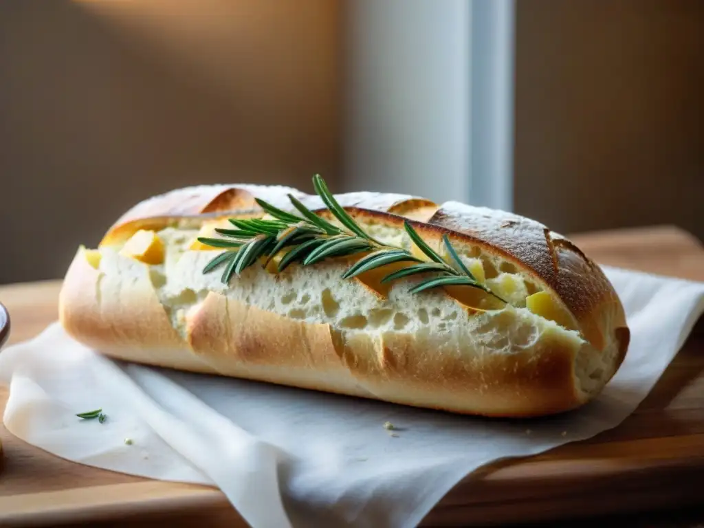 Una baguette dorada recién horneada sin gluten en tabla de madera rústica con harina, taza de medir y romero fresco