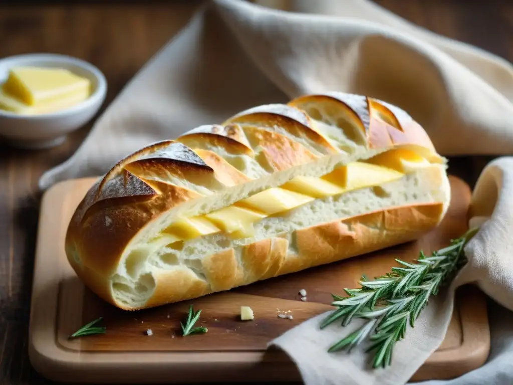 Una baguette francesa sin gluten recién horneada en una escena cálida y acogedora con mantequilla derretida y romero fresco