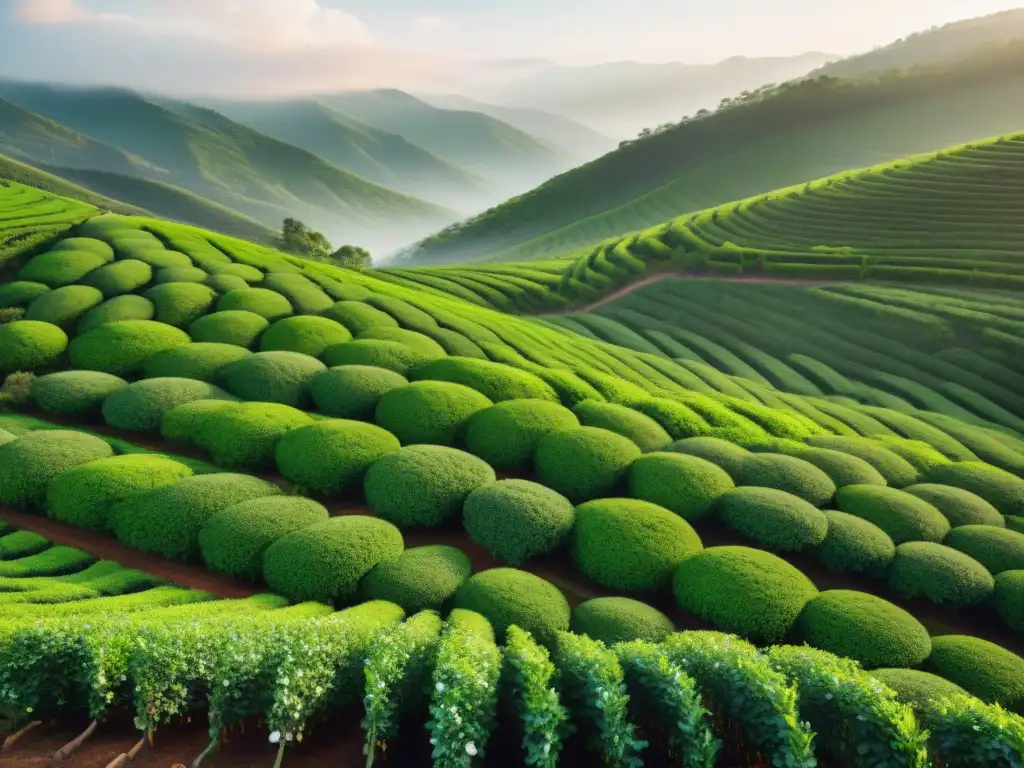 Plantación de té bañada por el sol, con arbustos verdes alineados