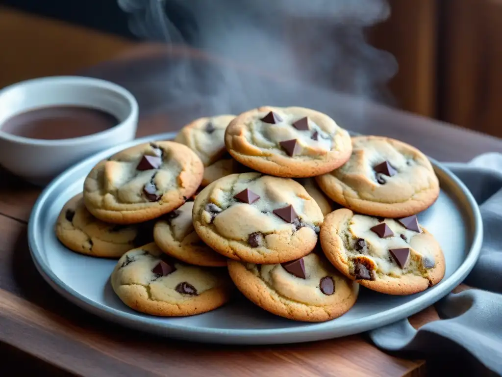 Una bandeja dorada de galletas recién horneadas sin gluten con chips de chocolate, en una mesa de madera rústica