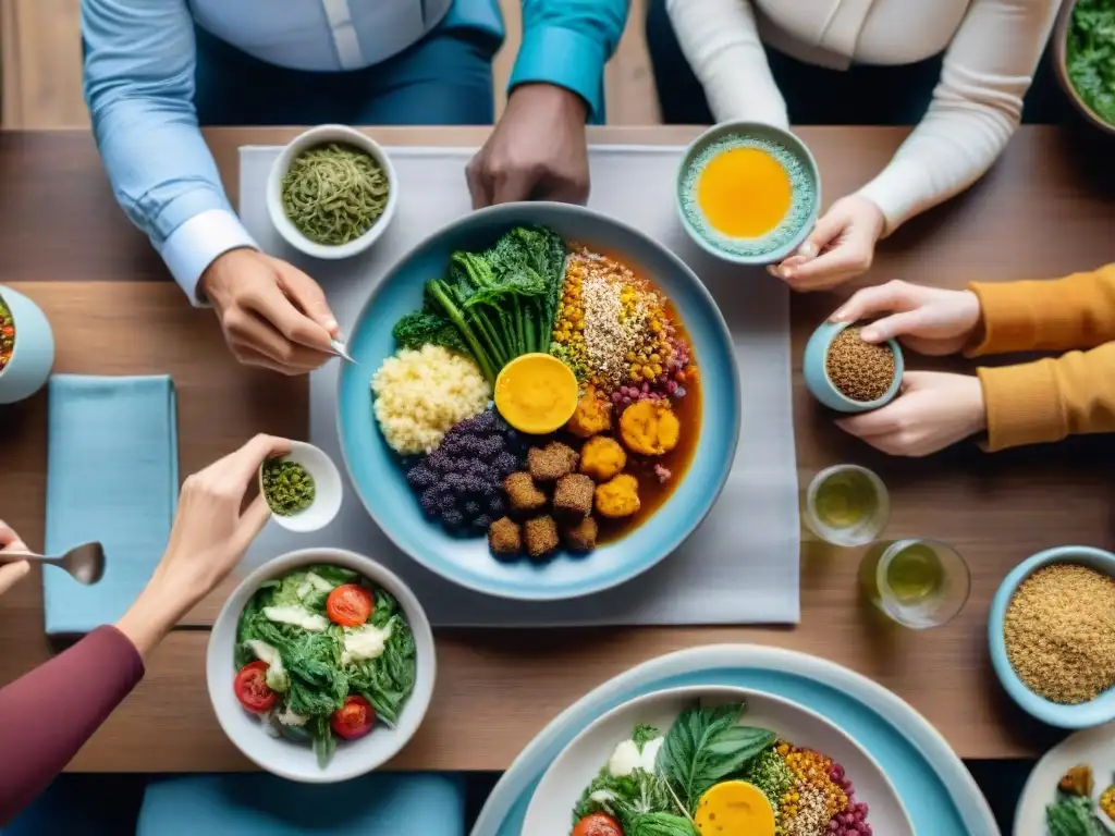 Un banquete colorido y alegre con personas disfrutando de una comida sin gluten llena de enzimas digestivas en comunidad