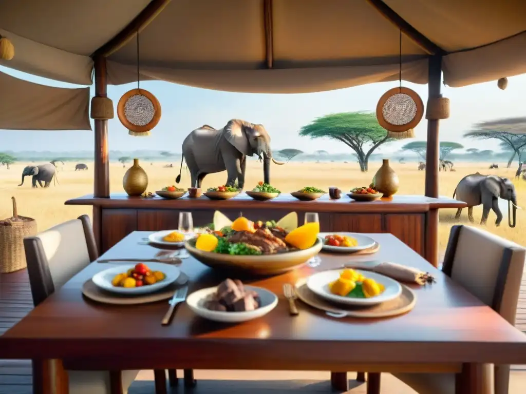 Un banquete sin gluten en un lujoso campamento de safari en África, rodeado de naturaleza salvaje