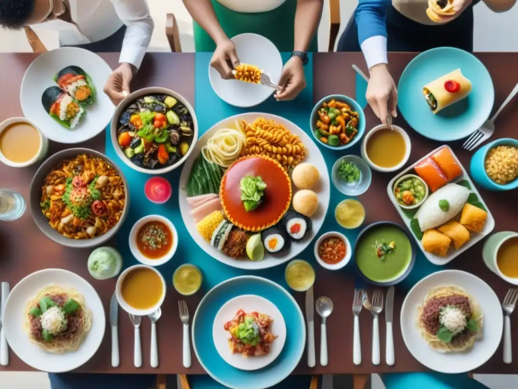 Un banquete multicultural con comida sin gluten en distintos idiomas, uniendo a personas de diversas culturas en una mesa festiva y acogedora