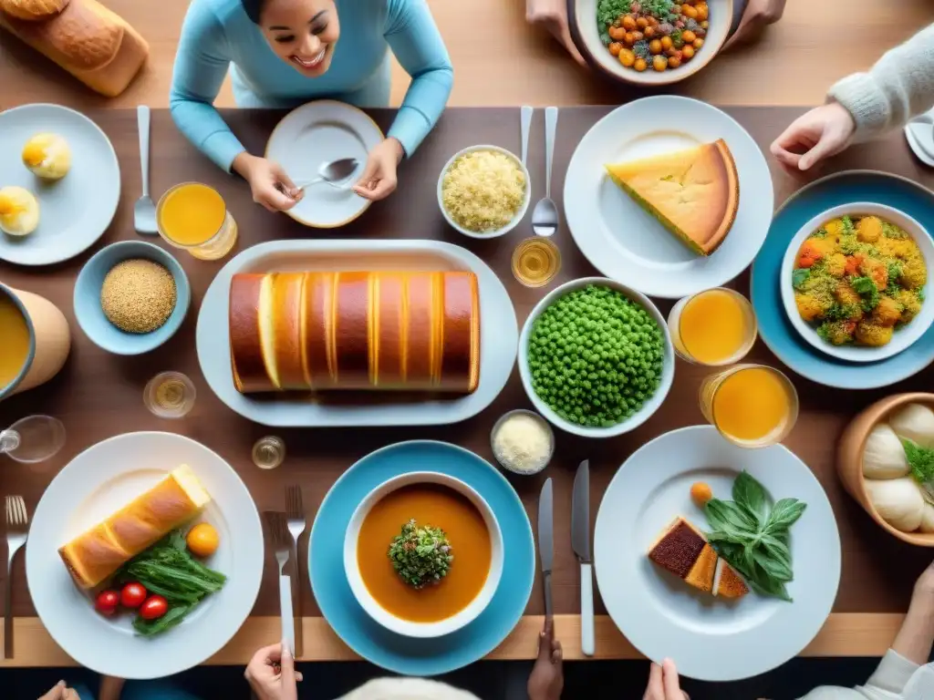 Un banquete de innovación: personas diversas disfrutan de una comida sin gluten, colmada de colores y sabores, en un ambiente cálido y alegre