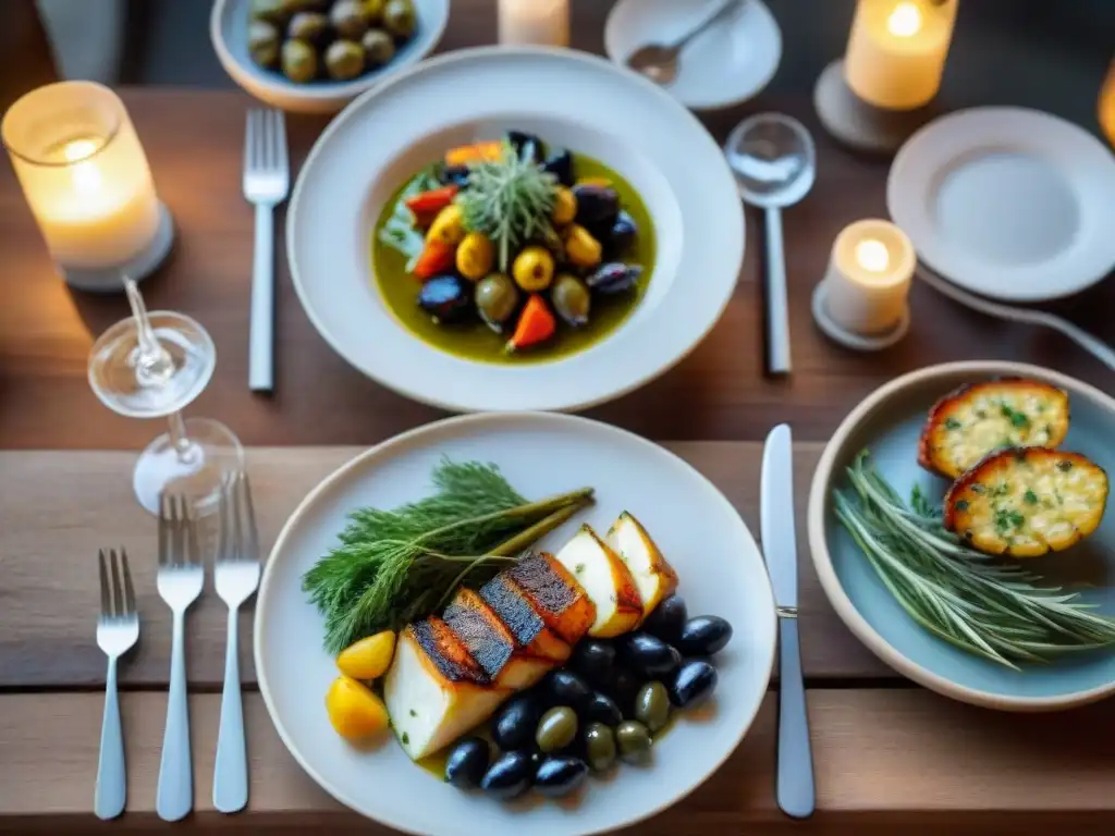 Un banquete portugués: mesa de madera rústica con platos de cerámica, bacalao a la brasa sin gluten y guarniciones coloridas