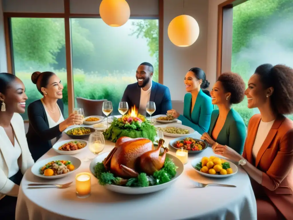 Un banquete vibrante y colorido de recetas sin gluten innovadoras, donde un grupo diverso disfruta de una comida exquisita con alegría y satisfacción