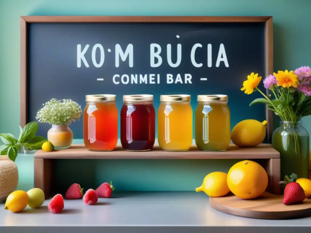 Un bar de kombucha vibrante y colorido con frutas frescas y flores