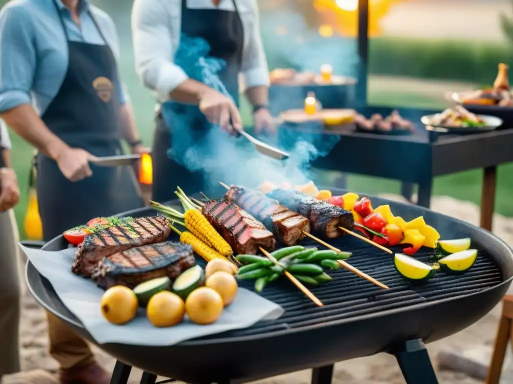 Una barbacoa sin gluten con alimentos sabrosos y coloridos en una parrilla, bajo un atardecer dorado