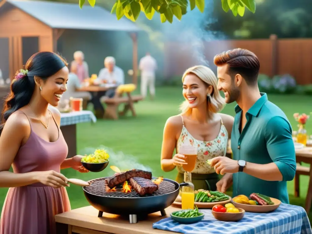 Una barbacoa sin gluten deliciosa en un jardín vibrante con amigos y familia disfrutando juntos