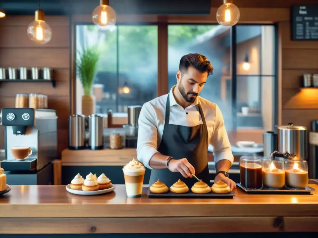 Un barista prepara café sin gluten en una cafetería acogedora