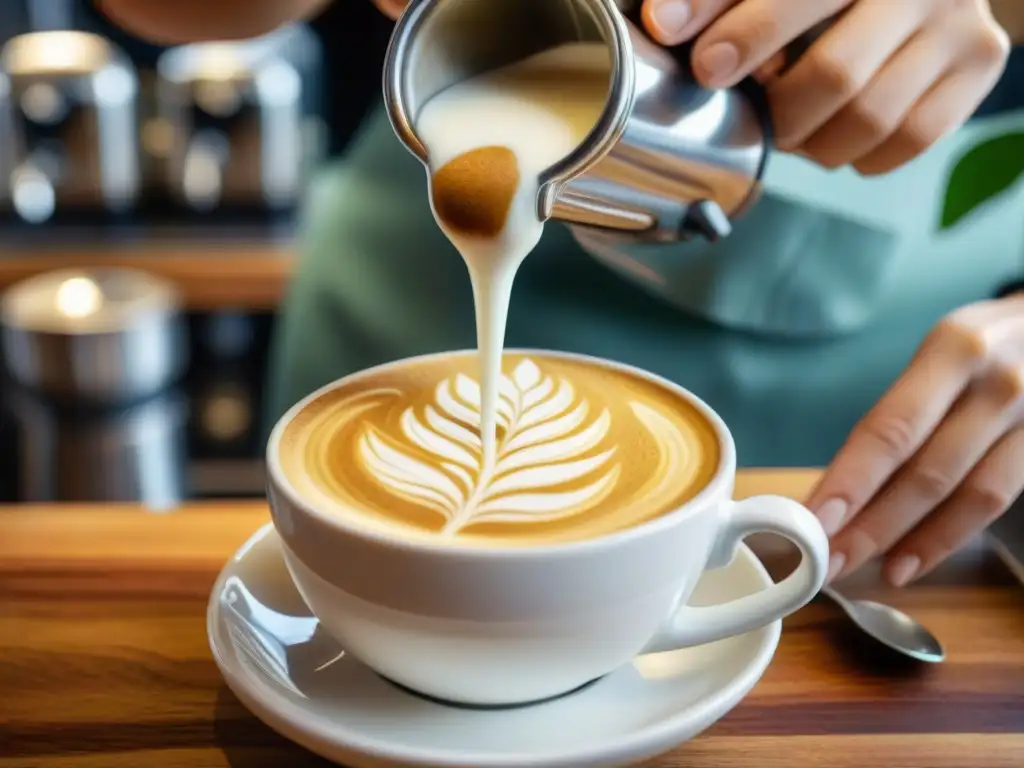 Un barista experto crea arte con leche en una taza blanca, en una cafetería acogedora