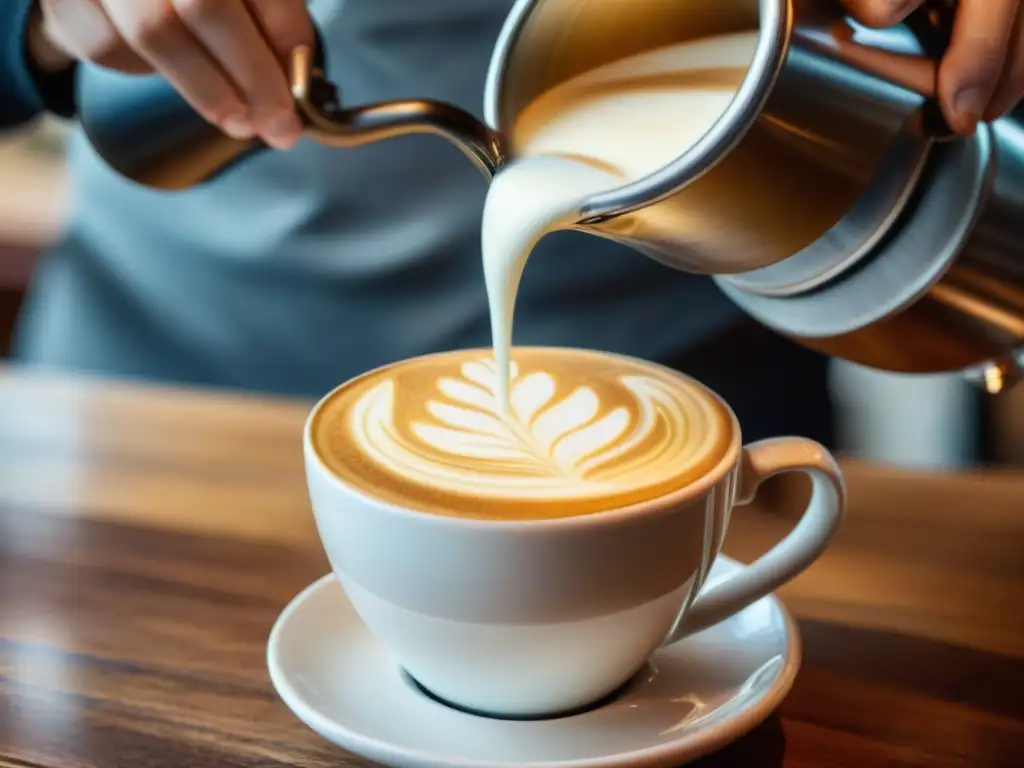 Un barista experto vierte leche vaporizada en un diseño de arte latte, destacando la calidad de la cafetería 'Mejor cafetería sin gluten 2021'