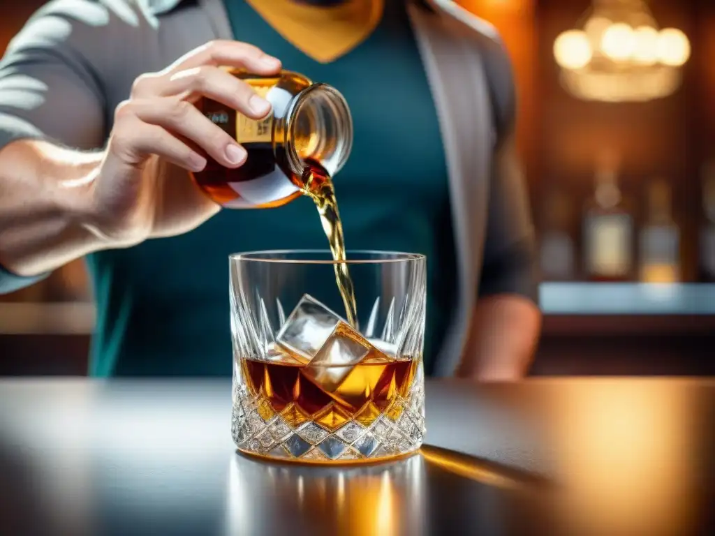 Un barman vierte con cuidado whisky sin gluten en una copa de cristal, destacando elegancia y sofisticación