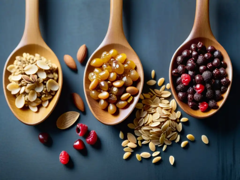 Barras energéticas sin gluten caseras: ingredientes coloridos en una mesa rústica bañados por la luz cálida del sol