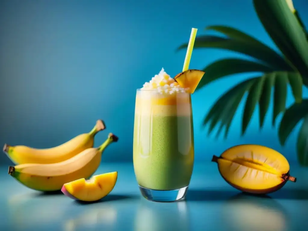 Smoothie tropical de mango y plátano: frescura exótica Un batido tropical sin gluten para adelgazar, con capas de mango y plátano, decorado con frutas y coco