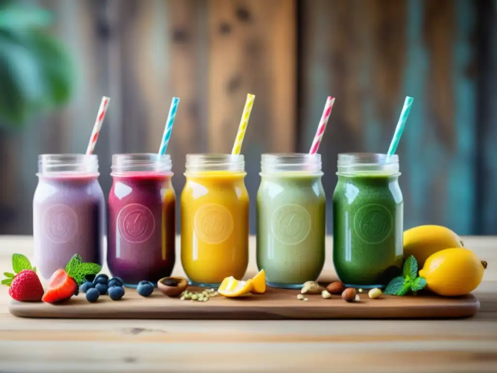 Batidos energéticos sin gluten: una composición colorida de smoothies frescos y vibrantes en una mesa de madera rústica