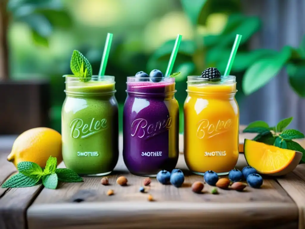 Batidos sin gluten para niños en mason jars coloridos con frutas frescas y semillas en una mesa rústica