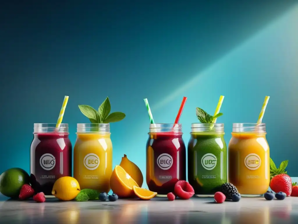 Batidos sin gluten pérdida peso: vibrantes batidos y jugos saludables, frutas frescas y semillas, en un elegante mostrador de mármol