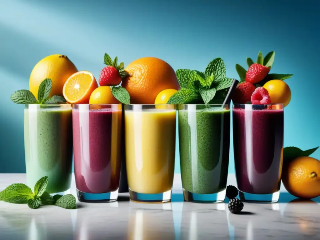 Bebidas sin gluten para atletas: Smoothies coloridos y refrescantes, con frutas frescas y semillas, en un elegante mostrador de mármol