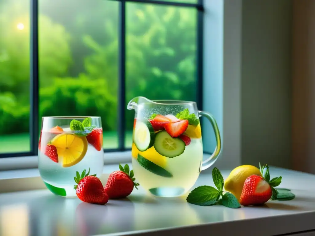 Agua de frutas refrescante en jarras de cristal Bebidas sin gluten saludables: Coloridas bebidas de frutas con fresas, limones, pepinos y menta en jarras de vidrio