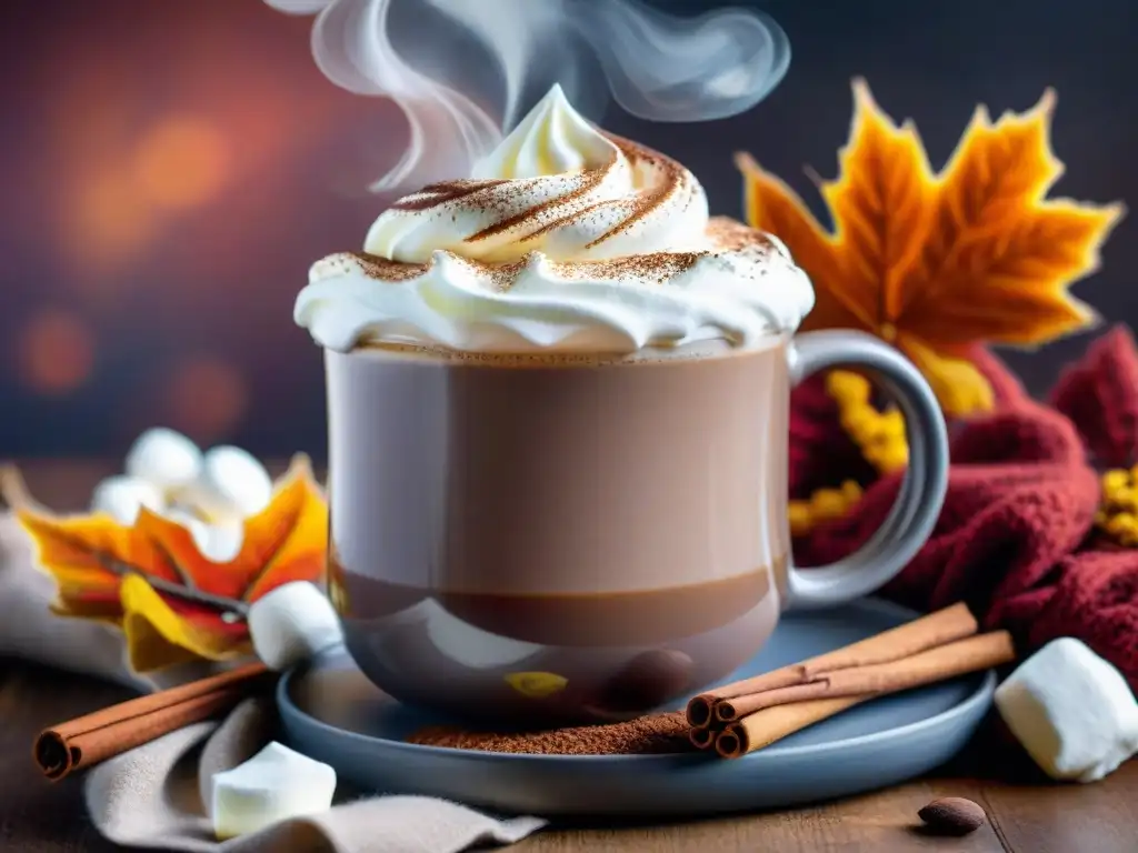 Bebidas otoñales sin gluten deliciosas: taza humeante de chocolate caliente con crema, canela y malvaviscos en escena acogedora de otoño