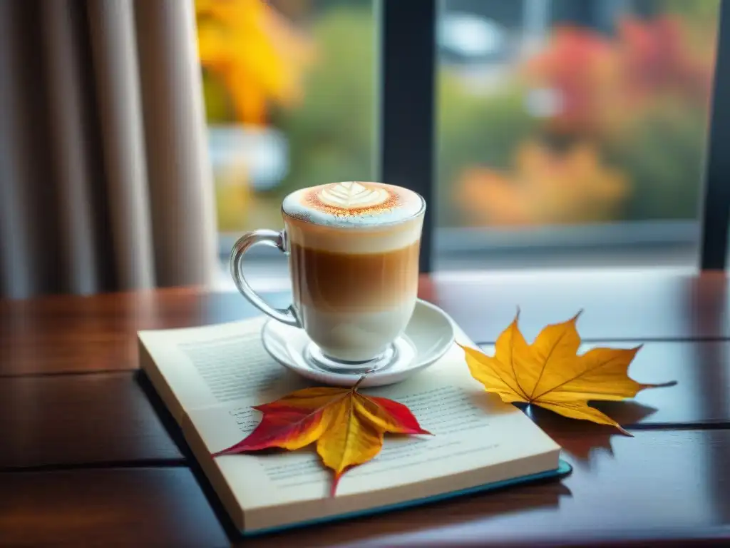 Bebidas otoñales sin gluten deliciosas: acogedor café con latte de calabaza, hojas caídas, libro y bufanda en mesa de madera iluminada por luz solar