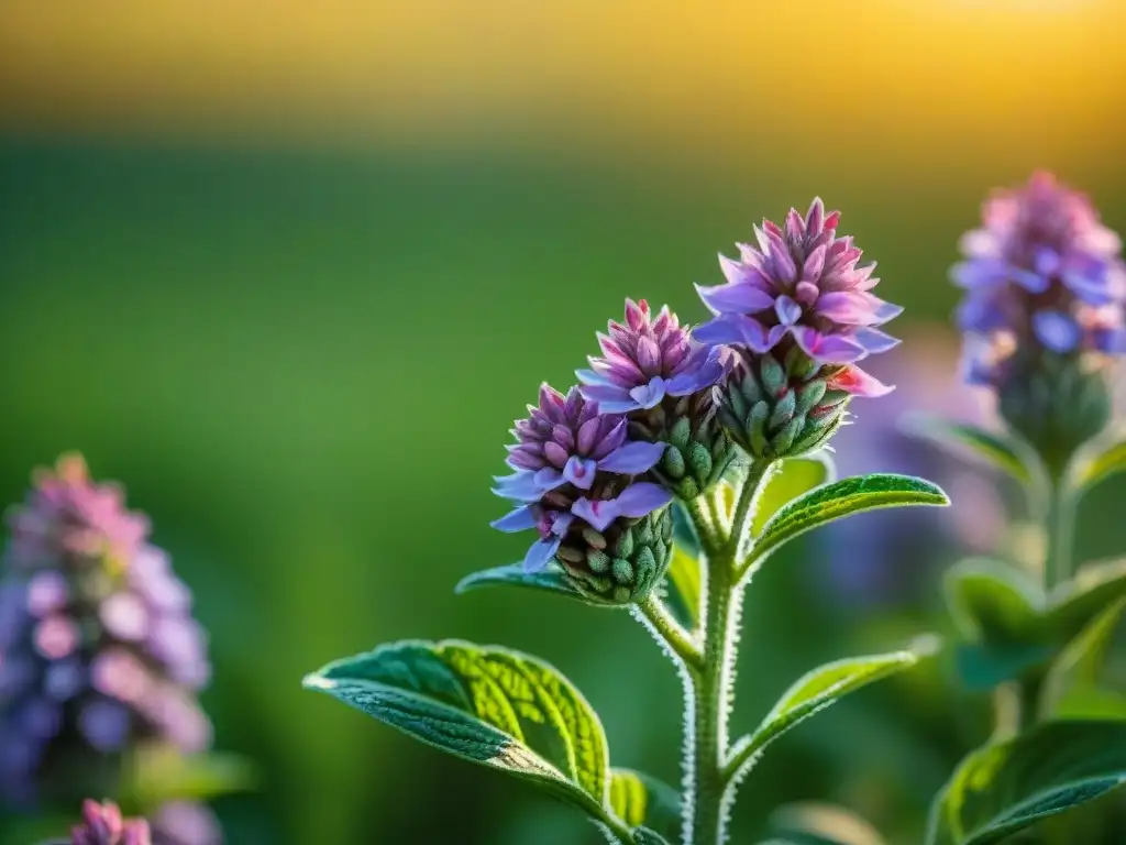 Chía con beneficios sin gluten: planta vibrante con hojas verdes y flores moradas en un campo soleado, detalle de semillas