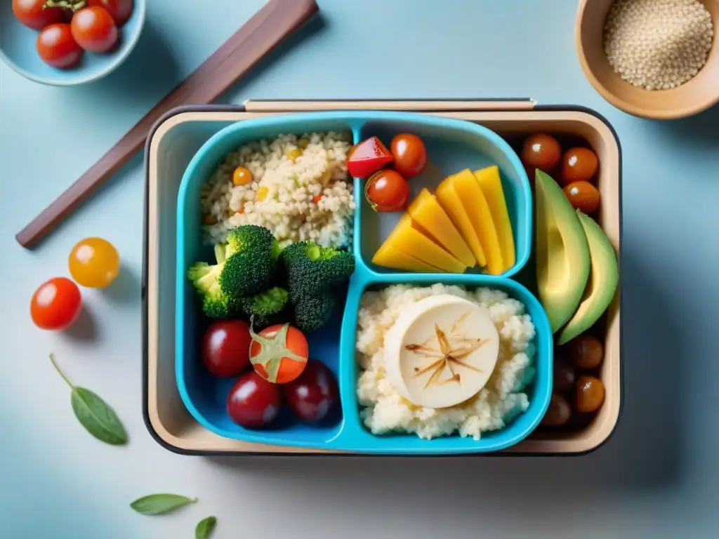 Un bento box colorido con almuerzos escolares sin gluten nutritivos en una mesa de madera