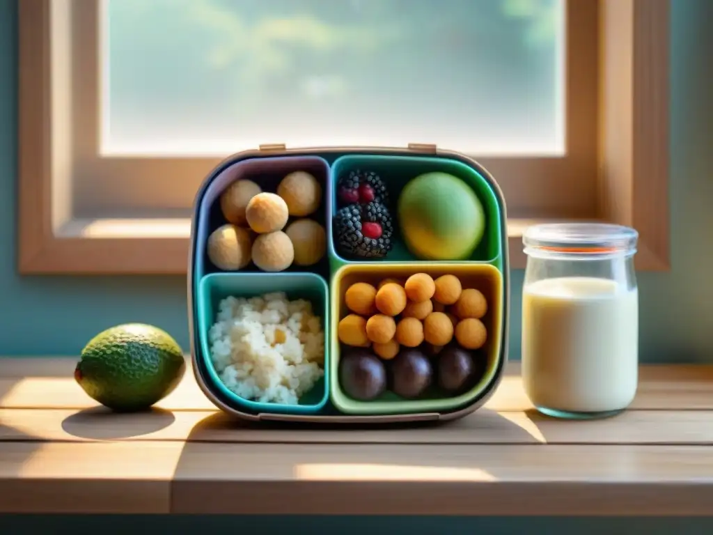 Un bento box colorido con meriendas sin gluten creativas, rodeado de libros de recetas, bañado por luz natural