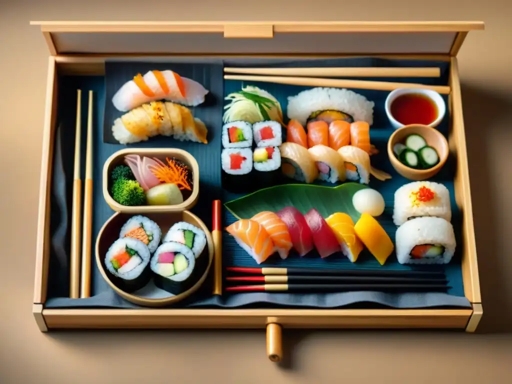 Un bento japonés lleno de sushi, sashimi y tempura sobre una esterilla de bambú