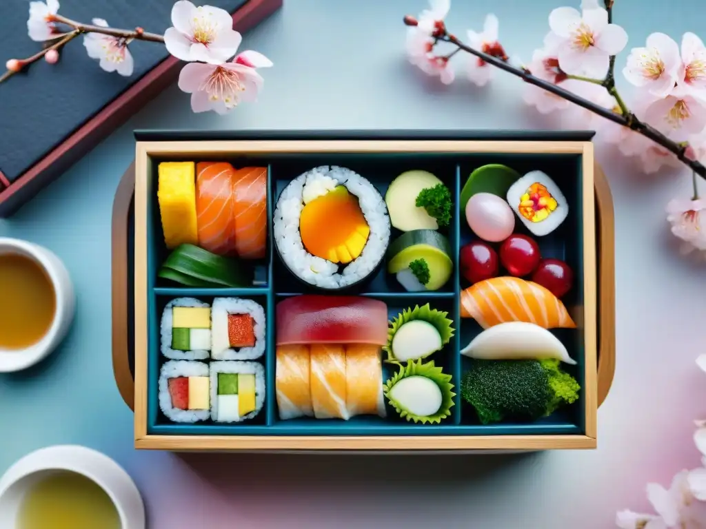 Un bento japonés tradicional lleno de delicias sin gluten alrededor en un jardín japonés