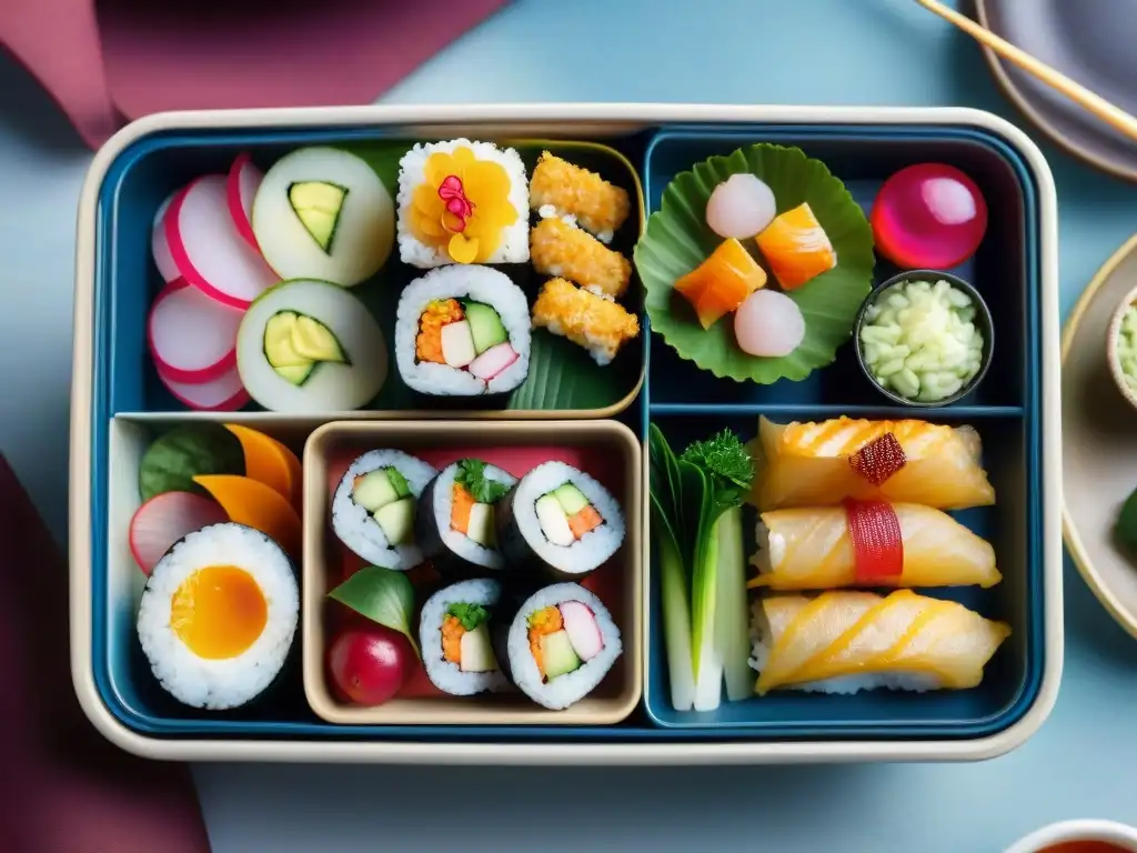 Un bento japonés vibrante con recetas asiáticas sin gluten, desde sushi hasta tempura, destacando la belleza y variedad culinaria