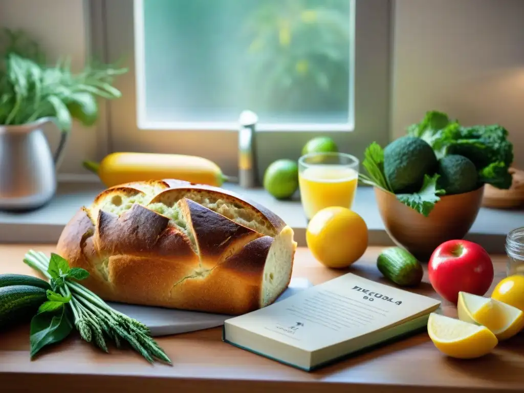 Bienvenida cocina con dieta sin gluten para ansiedad: mesa de madera con alimentos coloridos, pan recién horneado, recetario abierto