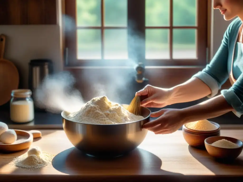 Preparando un bizcocho esponjoso sin gluten con delicadeza, en una cocina acogedora y rústica