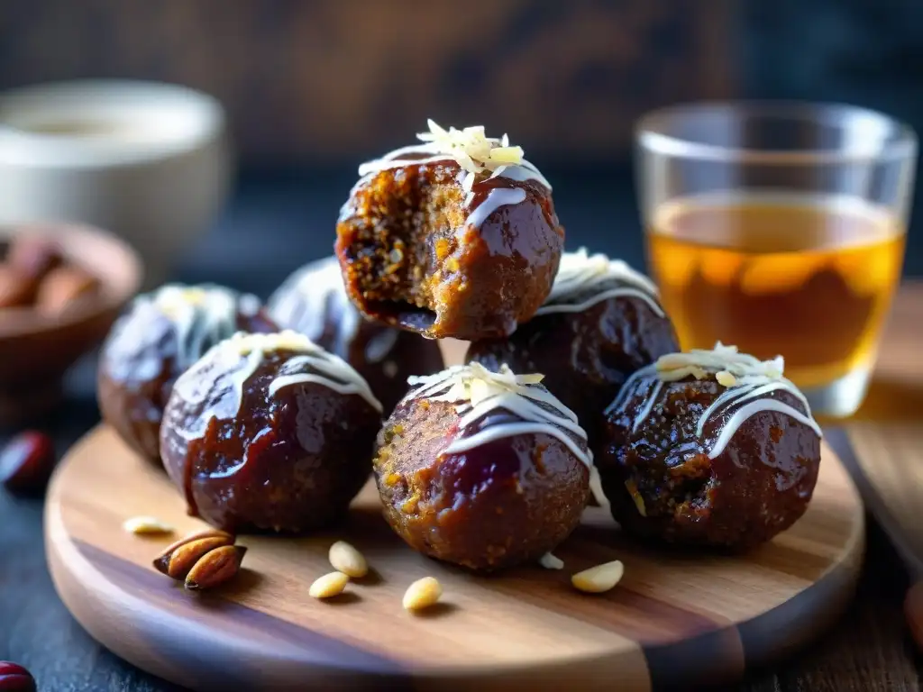 Un bodegón de energéticas bolitas de dátiles sin gluten, con coco rallado y nueces, bañadas en miel, sobre tabla rústica