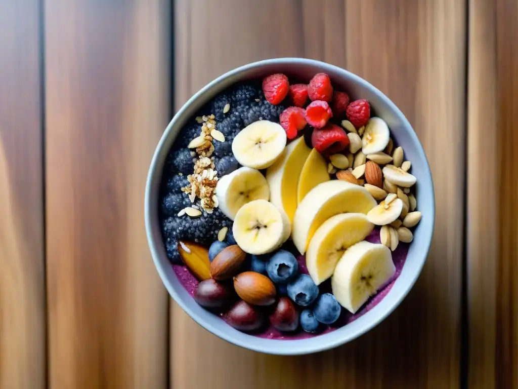 Un bol de açaí colorido rodeado de frutos secos, bayas frescas y coco, en una mesa de madera con luz matutina