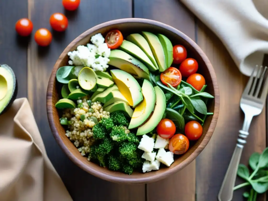 Un bol de ensalada de quinua colorida y nutritiva, con ingredientes frescos y aliño de limón, sobre mesa de madera