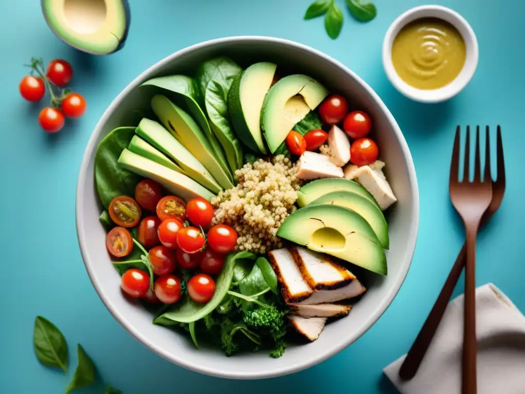 Un bol de ensalada vibrante y colorida con ingredientes frescos y saludables, ideal como opción sin gluten en 2023