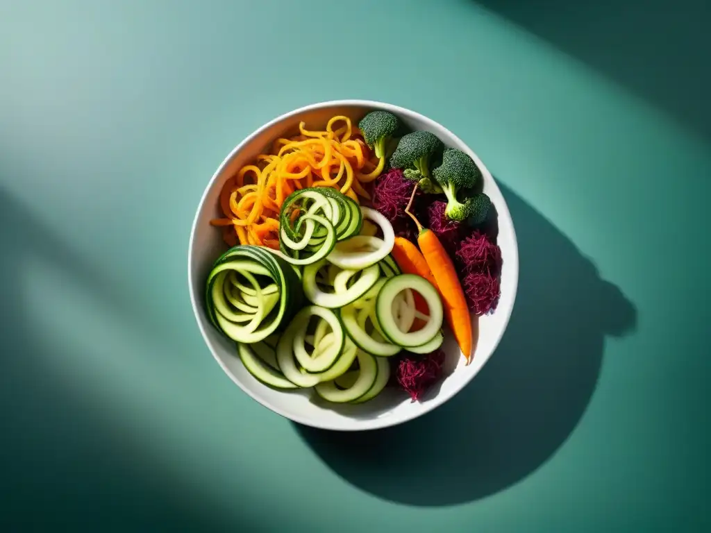 Un bol con espirales de vegetales coloridos, frescos y apetitosos