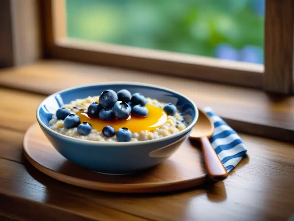 Delicioso bowl de avena sin gluten con arándanos y almendras Un bol de porridge sin gluten receta nutritiva con arándanos, almendras, miel y canela en una mesa rústica iluminada por la mañana